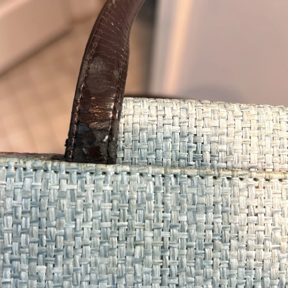 Vintage Kate Spade Teal Woven bag,  black leather handles magnet closure zipper